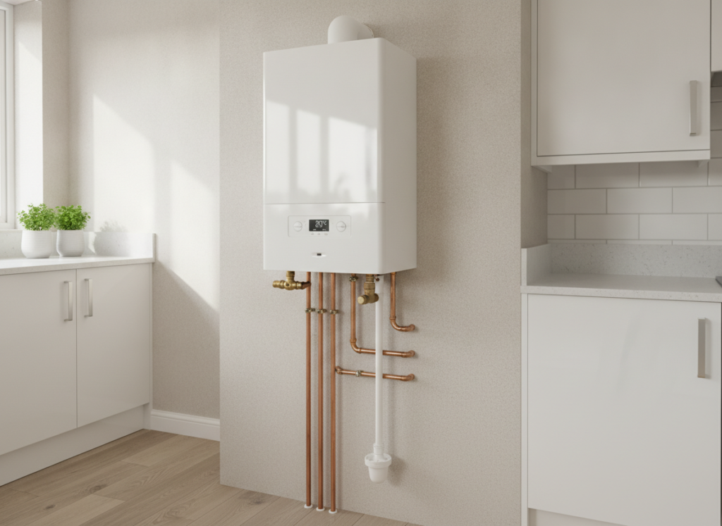 New gas combi boiler installed on a kitchen wall with clean copper pipework