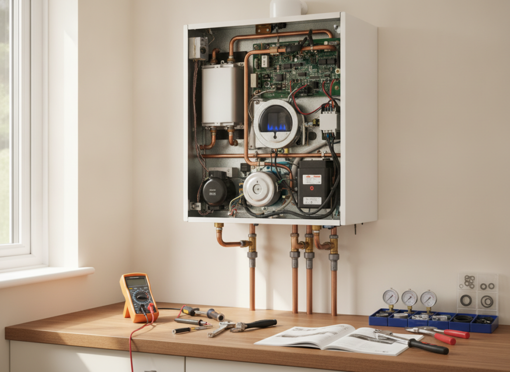 Gas combi boiler opened for a service with engineer's test equipment on the worktop
