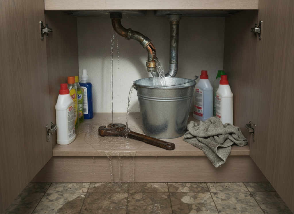 Burst pipe leaking water under a kitchen sink with a bucket and pipe wrench